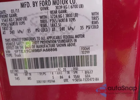 2011 Ford F-150 Xlt из США, поврежденный, VIN 1FTEX1CM9BFA68898